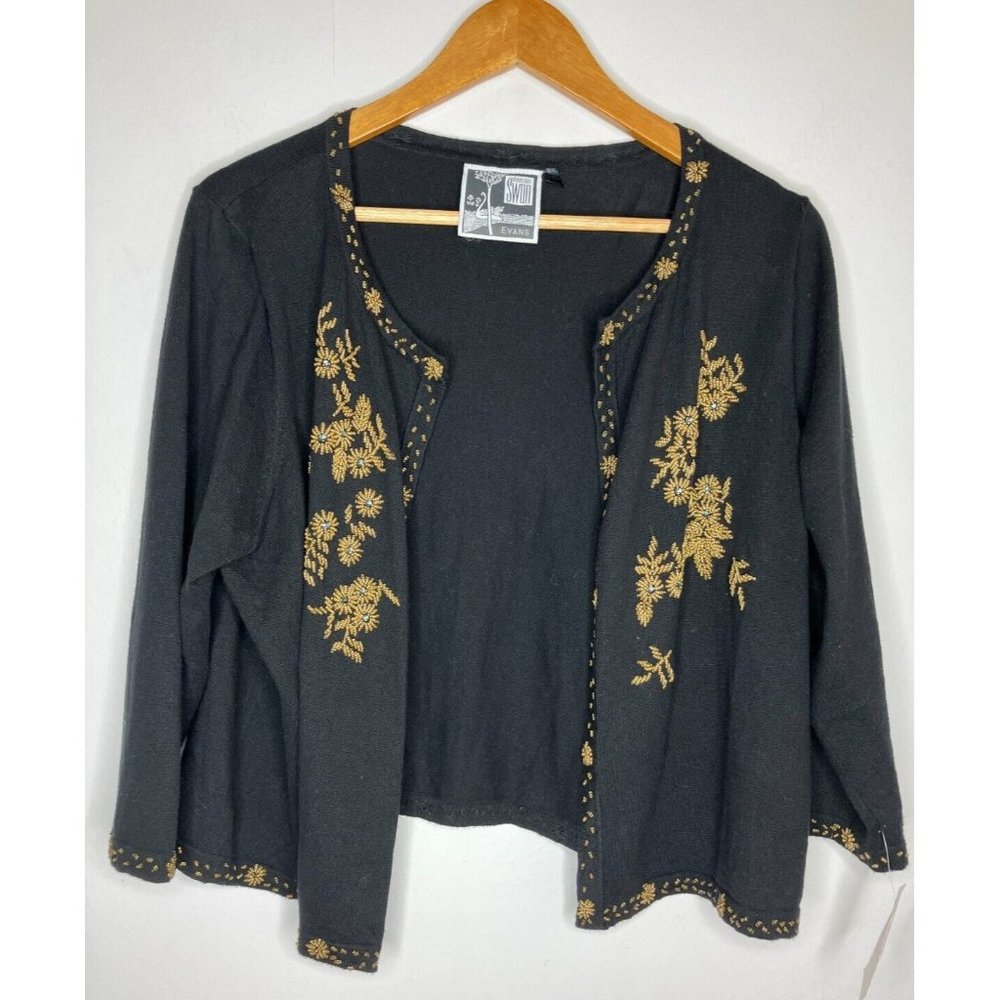 Clements Ribeiro Swan Evans Black Gold Beaded Open Cardigan 3/4 Sleeve Medium
